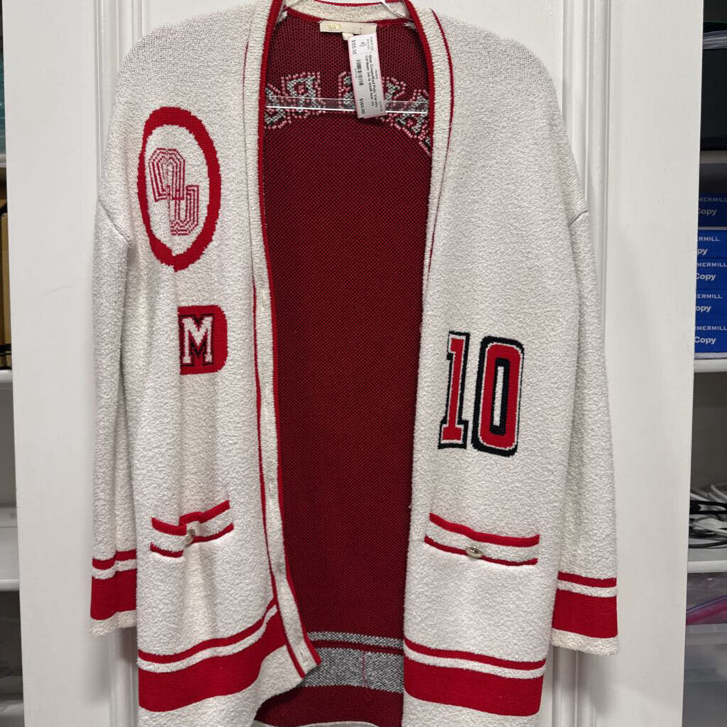 Cream/Red Poly Varsity Cardigan (as is small tear on back neck)