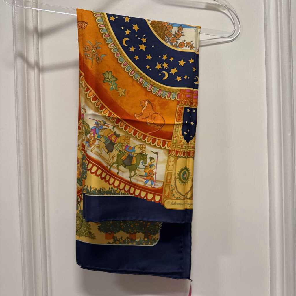 Navy/Gold Printed Silk Scarf