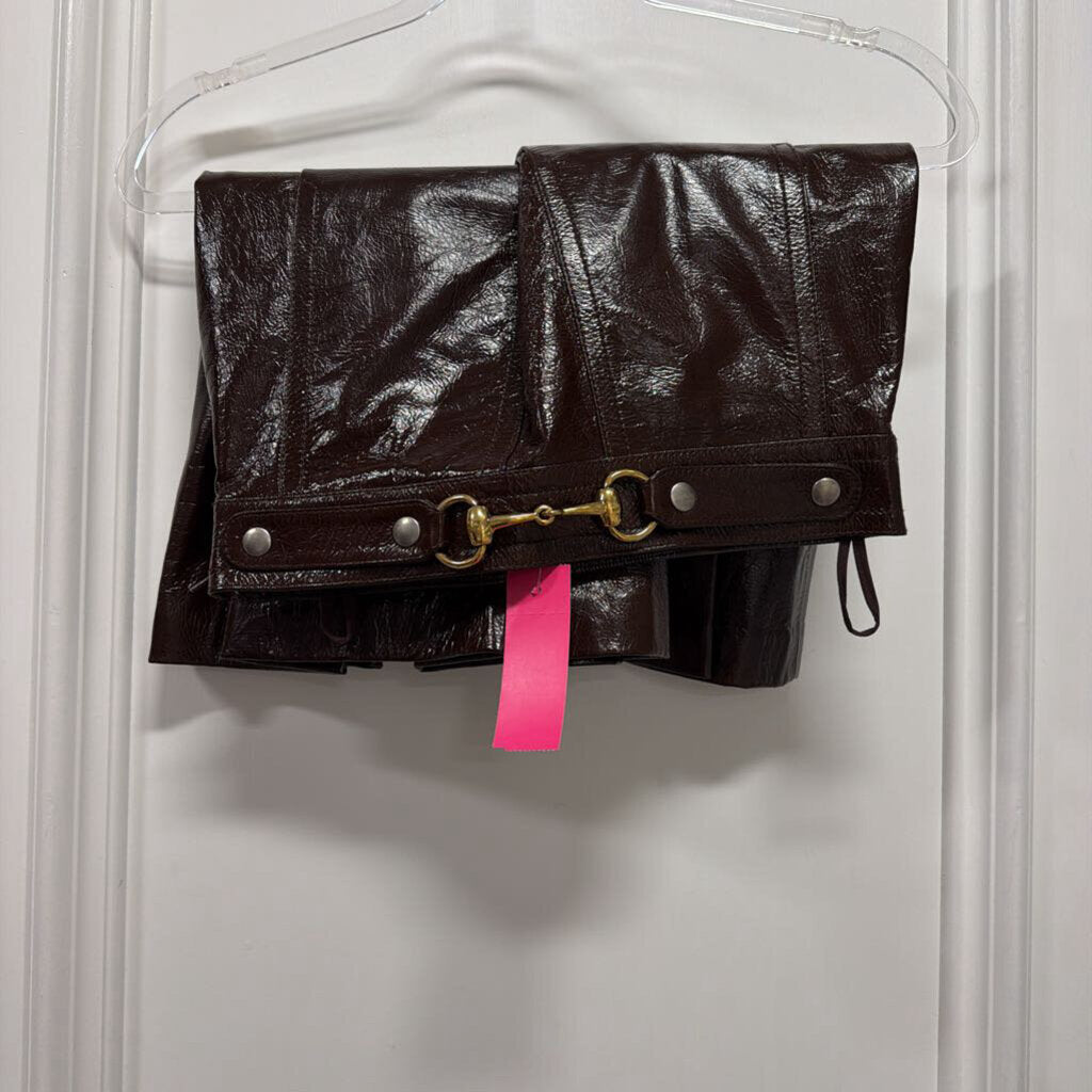 Brown Patent Leather Pleated Horesbit Mini Skirt