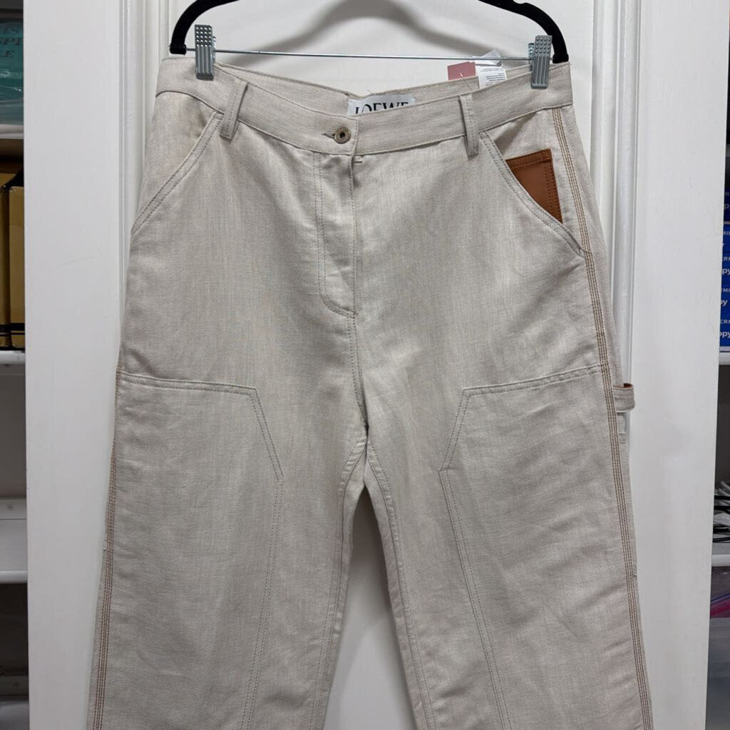 Taupe Cotton/Line Leather Detail Pant