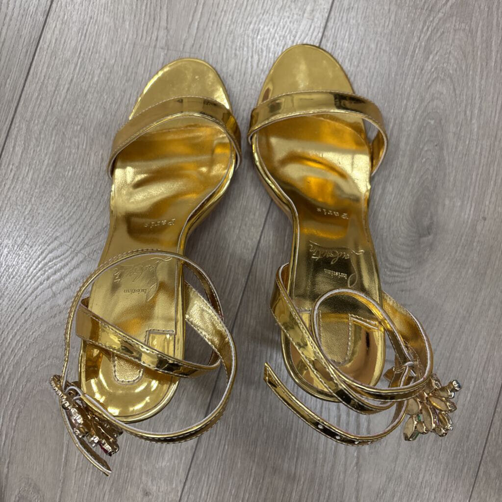 Gold Patent Leather Embellished Strap Sandal