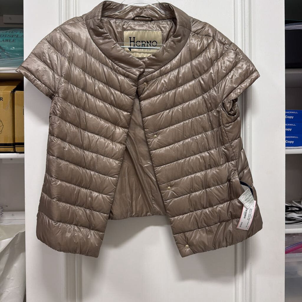Taupe Nylon Down Cap Sleeve Jacket