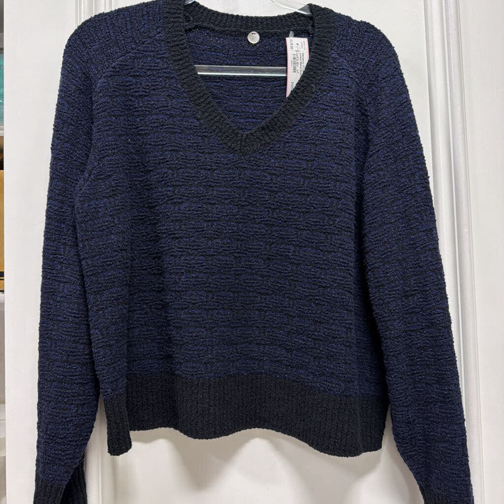 Navy/Black Cotton Blend Boucle V-Neck Sweater