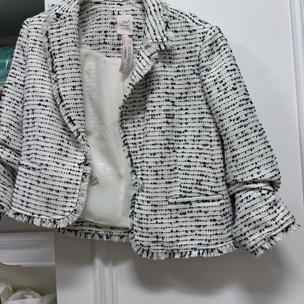 White/Navy Poly Ruched Sleeve Blazer