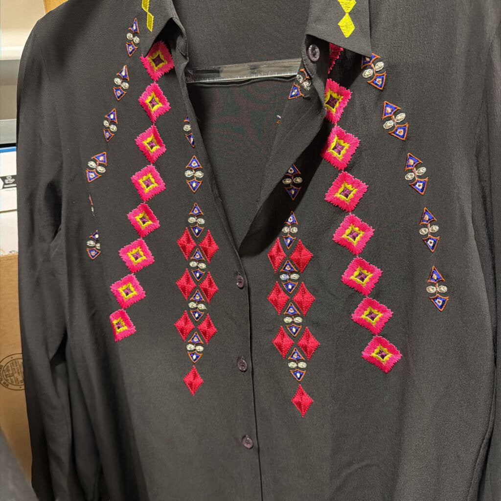 Black/Pink Silk Embroidered Button Up Top