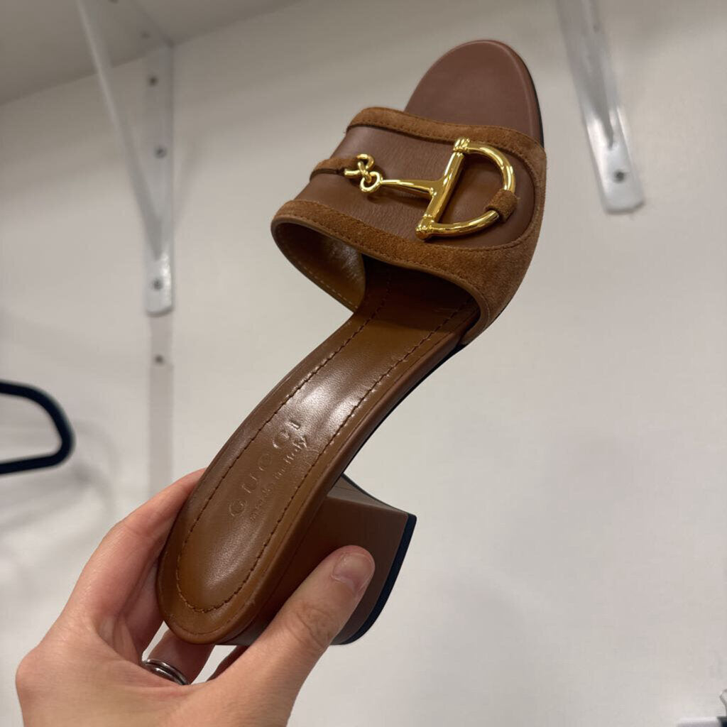 Gucci Brown Leather Heeled Horsebit Slides (new)
