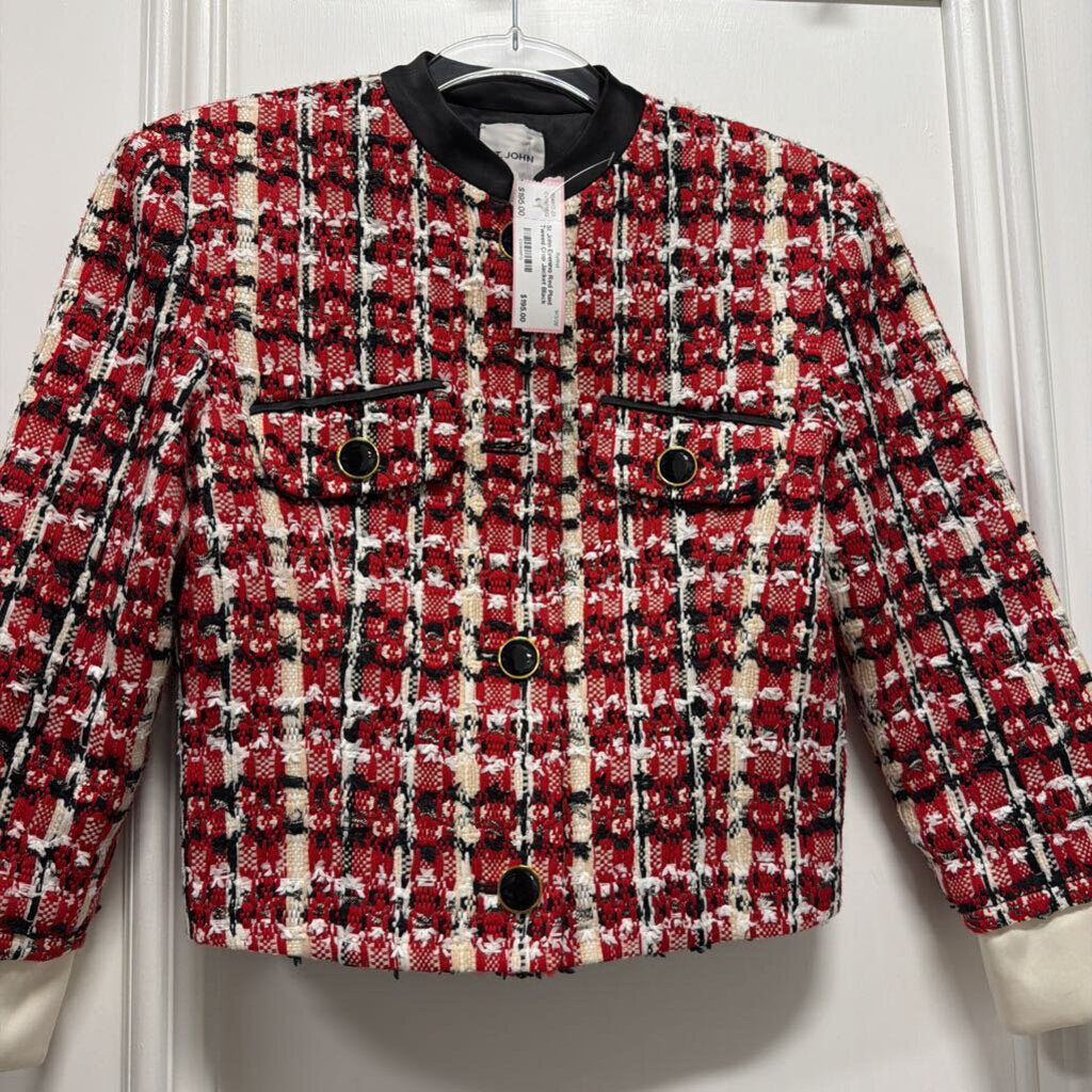 Red Plaid Tweed Crop Jacket Black Button