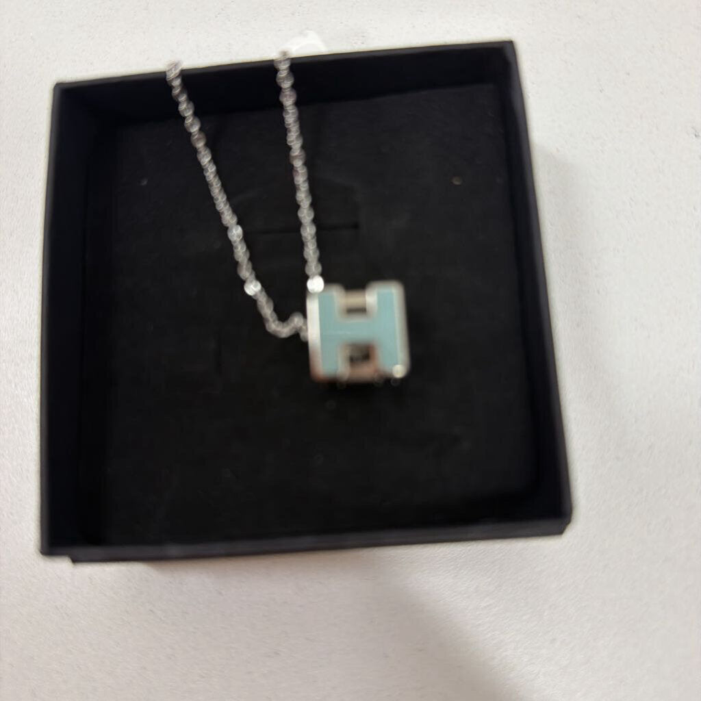 Blue Silver Pop H Cube Pendant Necklace