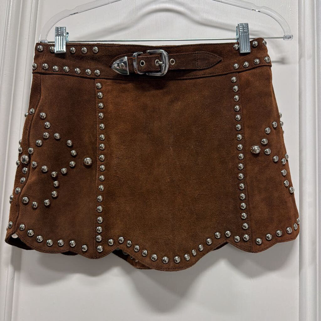 Brown Suede Mini Skirt Silver Studs/Belt