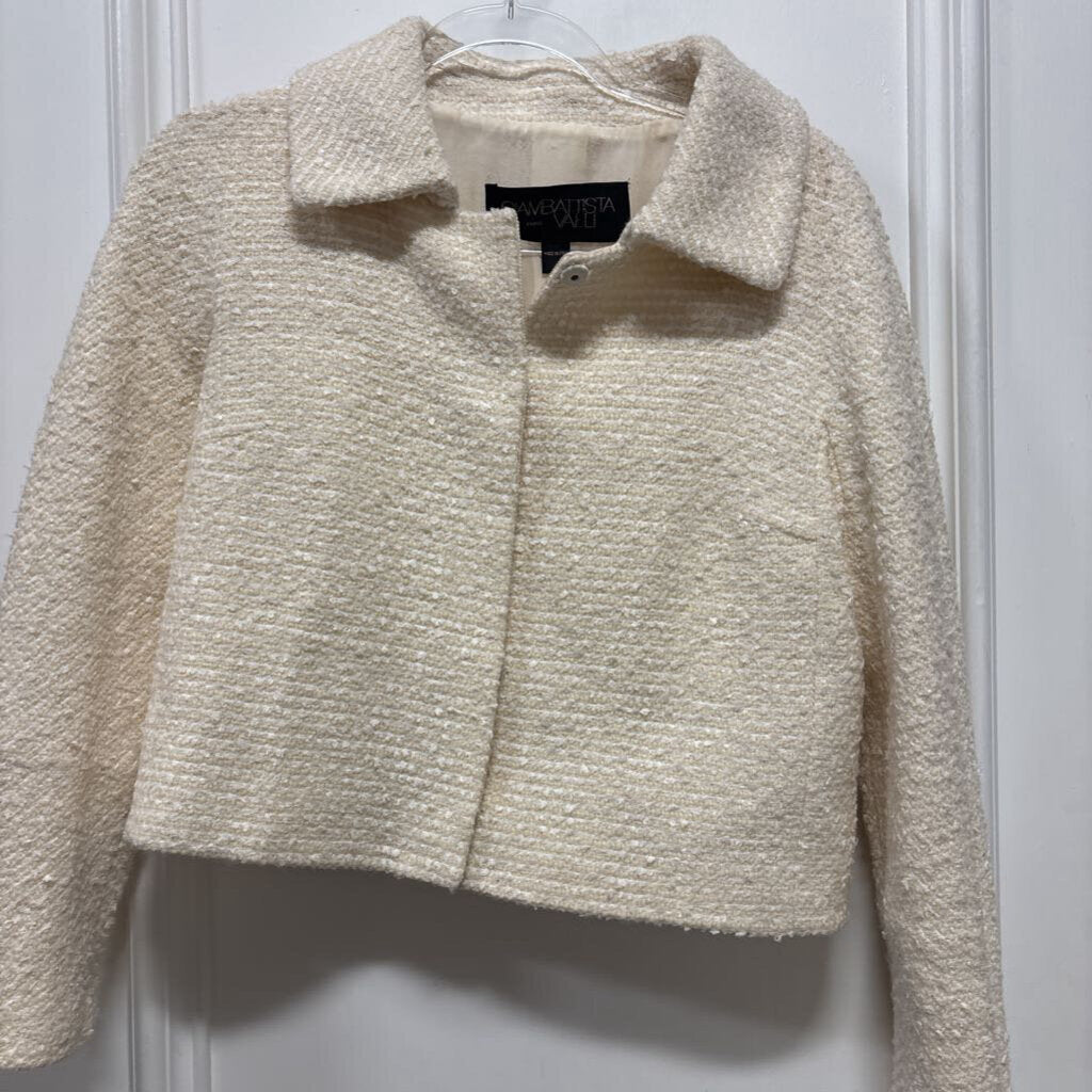 White/Ivory Crop Snap Tweed Wool Blend Jacket