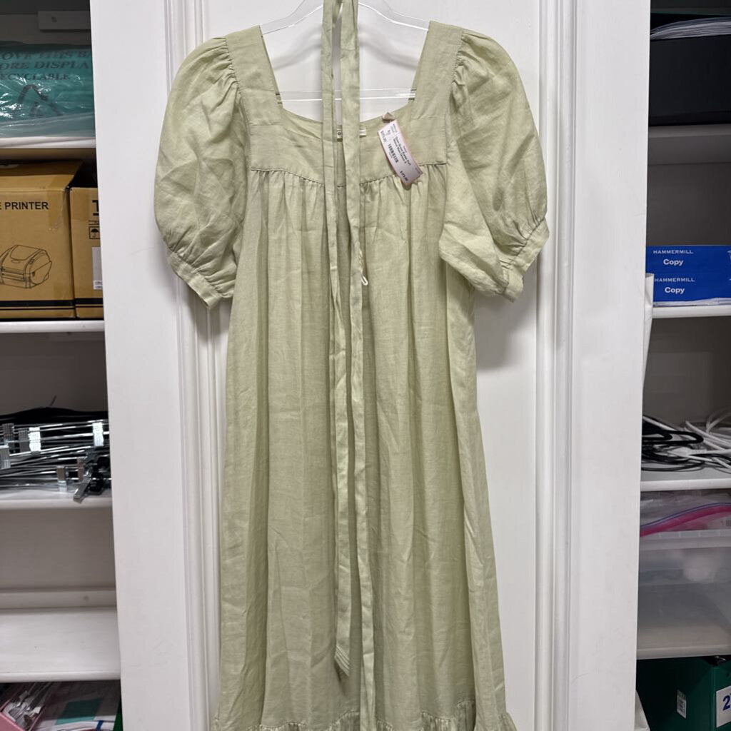 Green Ramie Puff Sleeve Maxi Dress