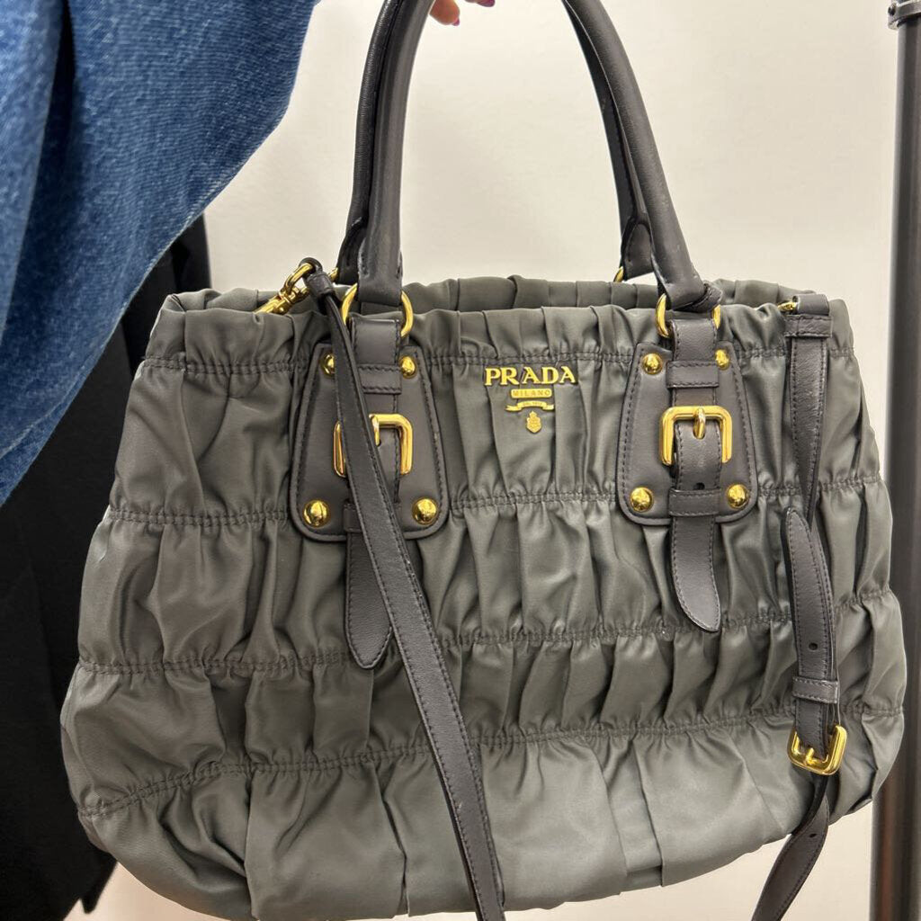 Gray Nylon Ruched Tote w/ Strap