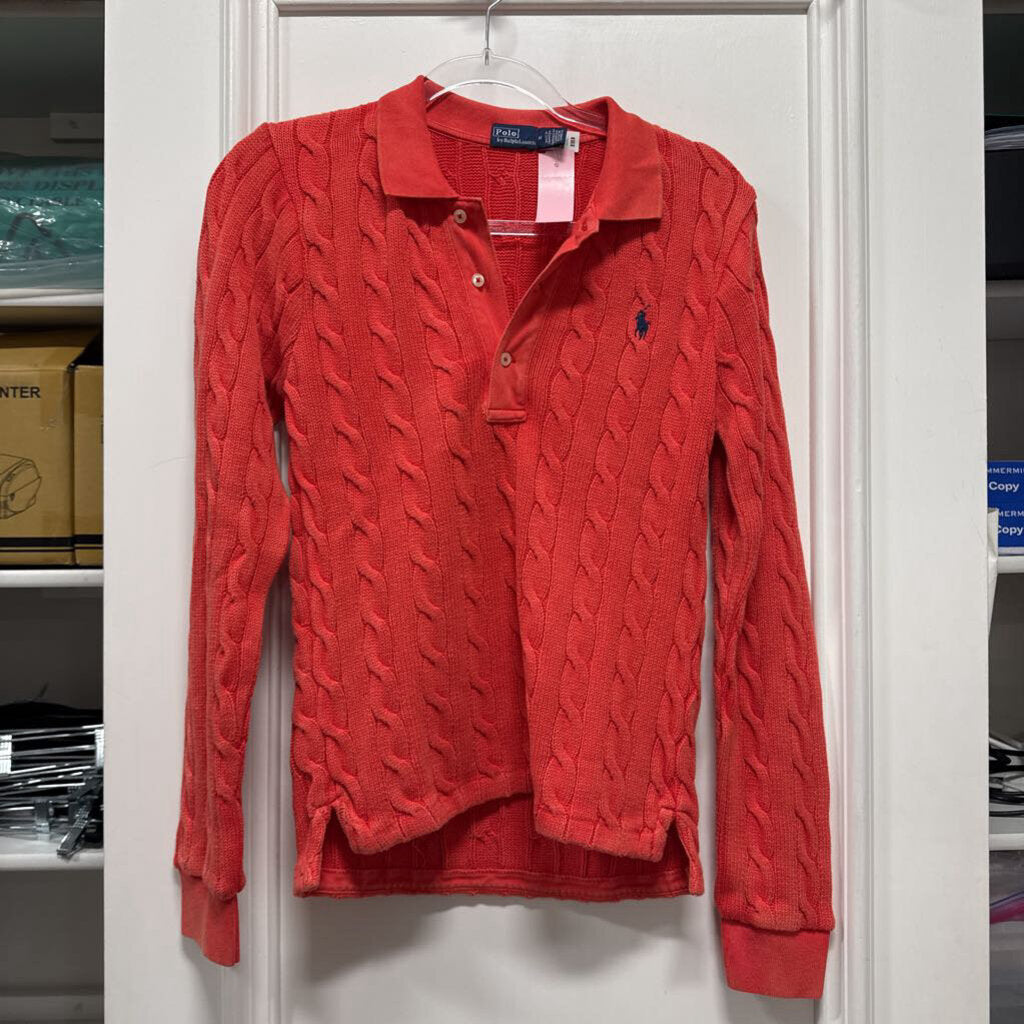 Red Cotton Cable Knit LS Polo Sweater