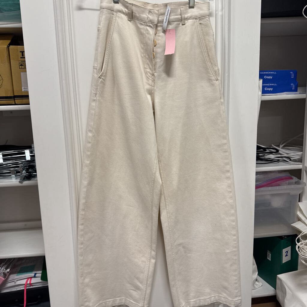 Cream Cotton Blend Wide Leg Pant, 40