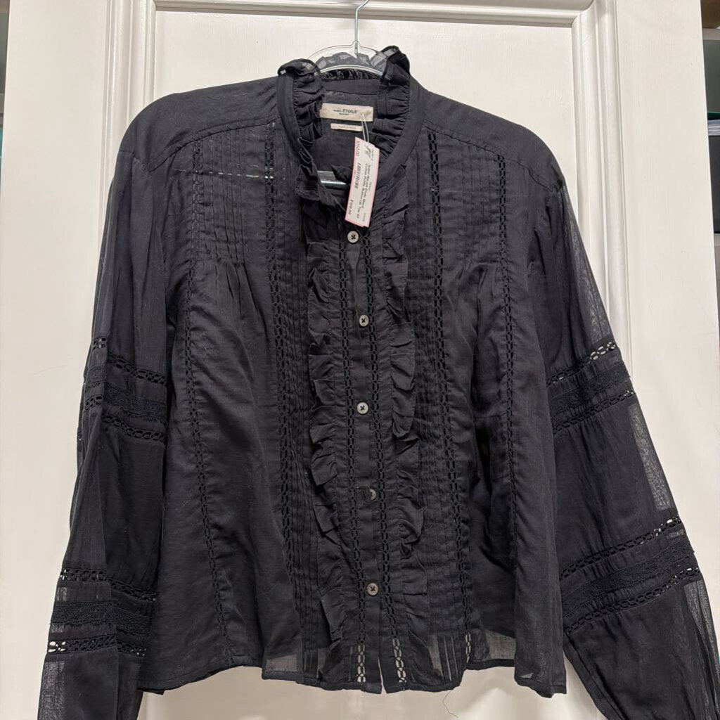 Black Cotton Ruffle Button Up Top