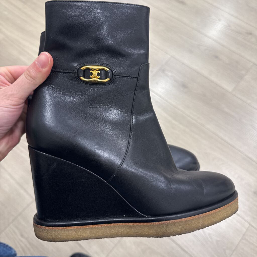 Celine Black Leather Wedge Boots