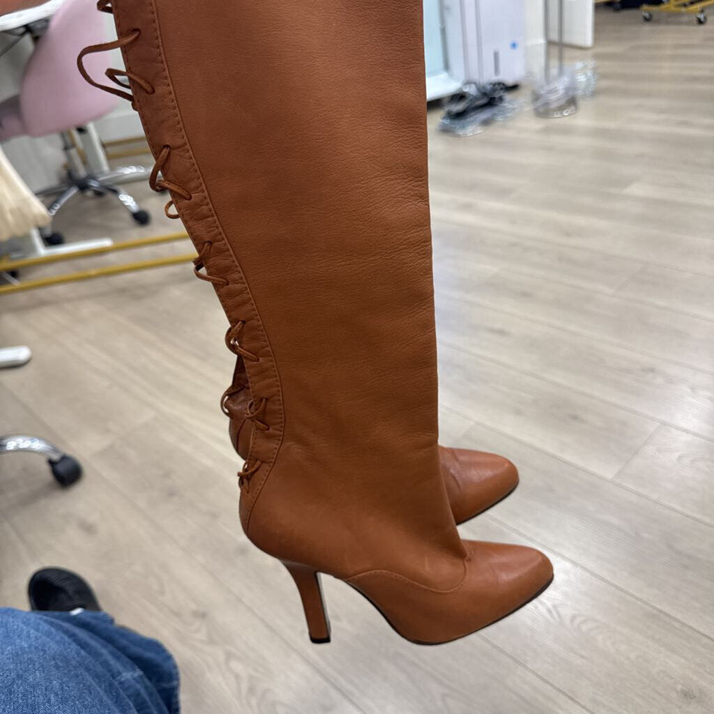 Alexander McQueen Brown Leather Lace Up Knee High Boot