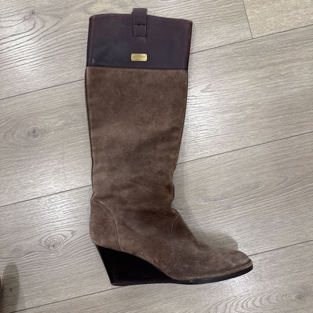 Salvatore Ferragamo Brown Suede Tall Wedge Boot