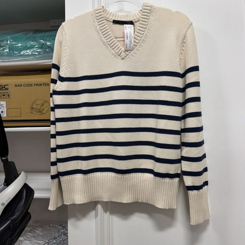 Cream/Navy Cotton Striped V Neck Sweater (NWT 385)