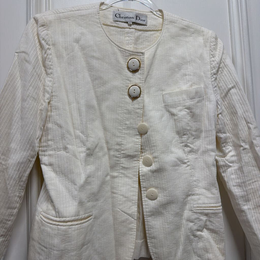 White Cotton Textured Gold Button Jacket