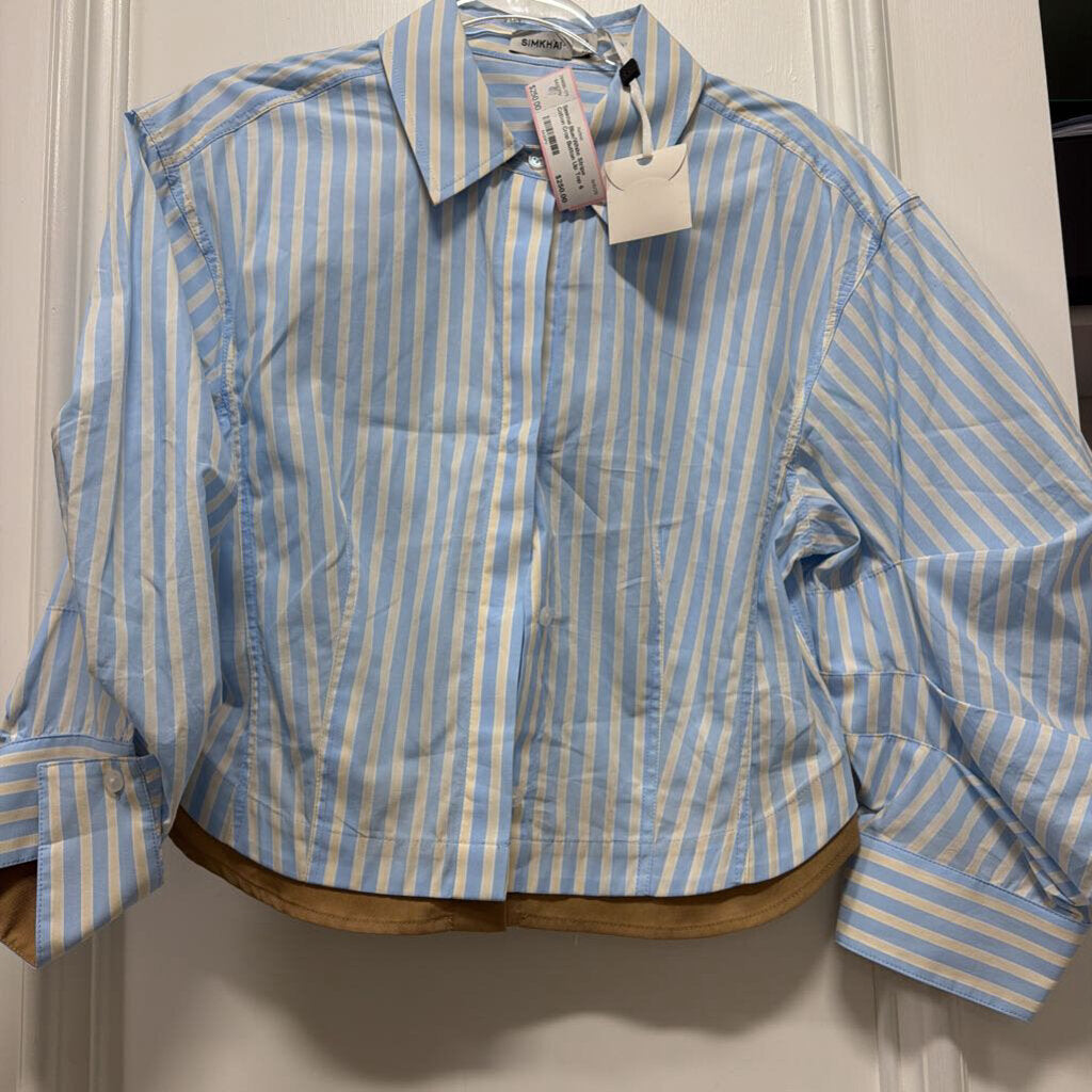 Blue/White Stripe Cotton Crop Button Up Top