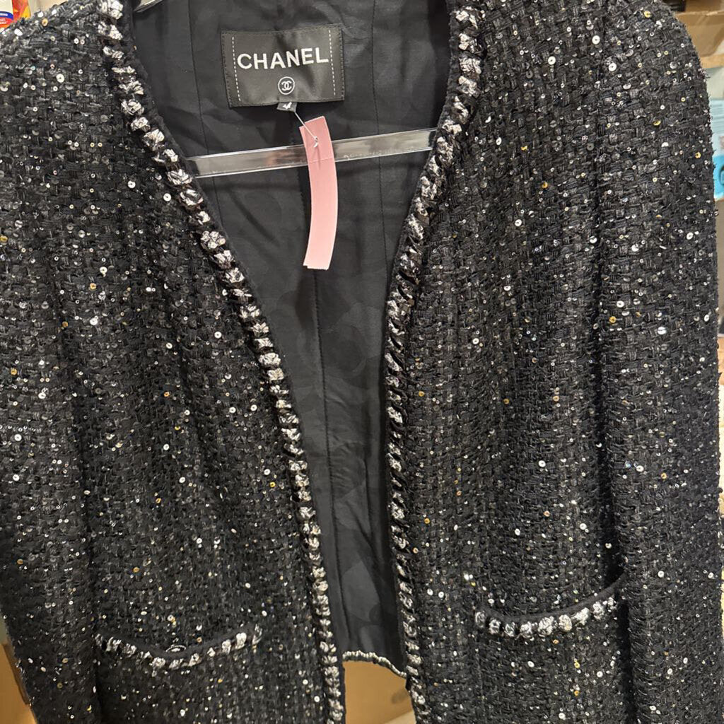 Black Poly/Cotton Tweed Sequin Jacket