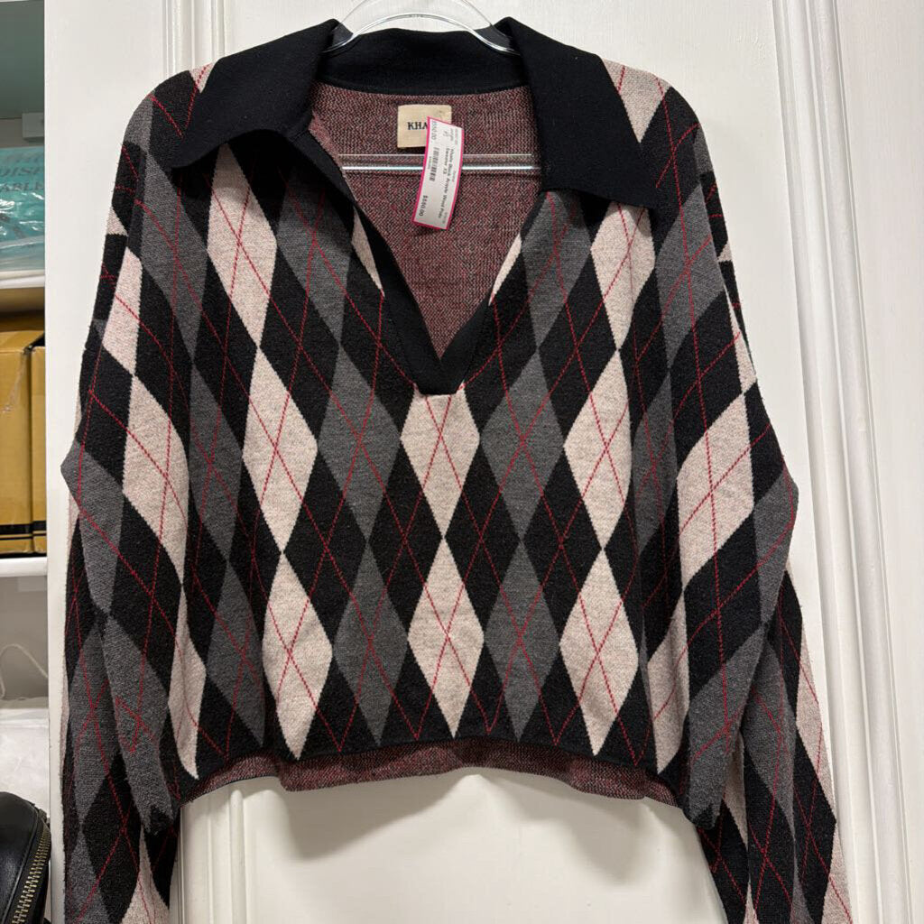 Black Argyle Wool Polo Sweater