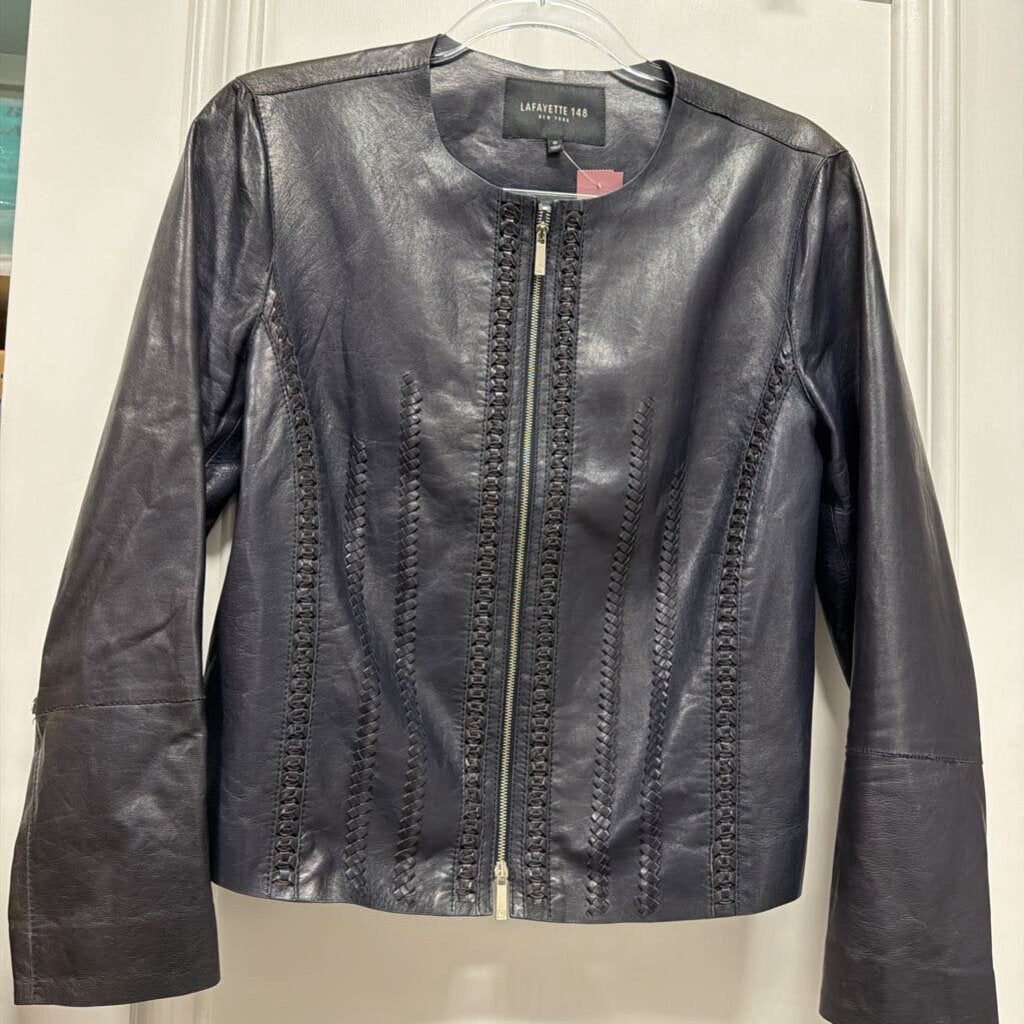 Navy Blue Leather Zip Up Jacket