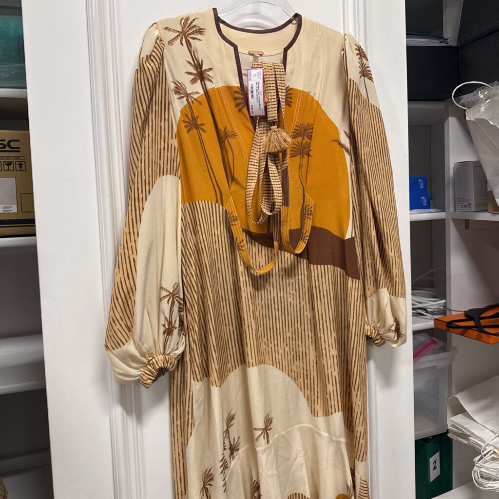 Orange/Brown Silk LS Maxi Dress
