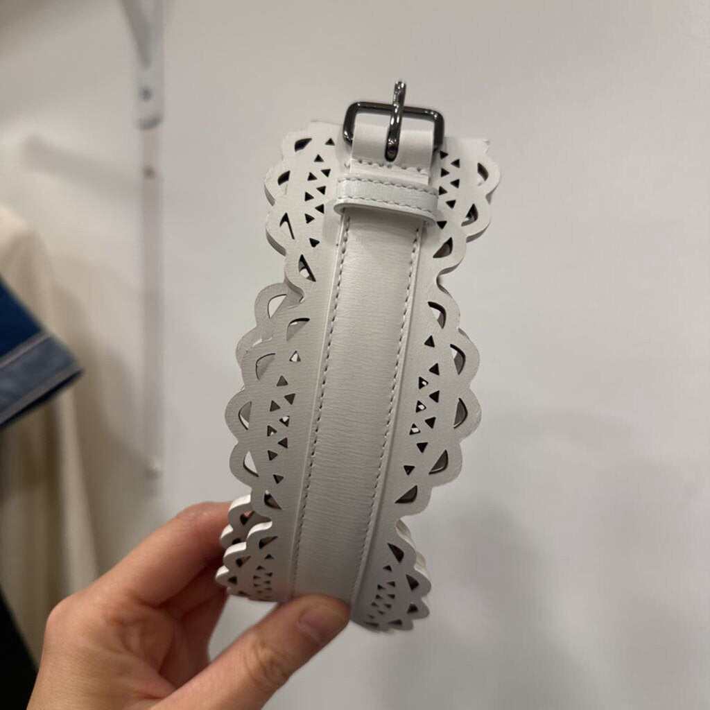 Alaia White Leather Scalloped Laser Cut Belt, 75