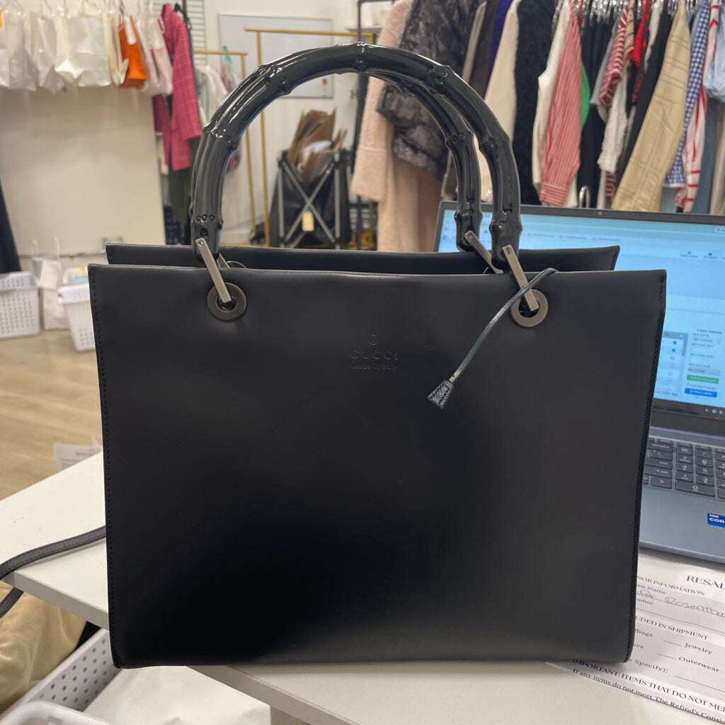 Black Vintage Leather Bamboo Handle Tote