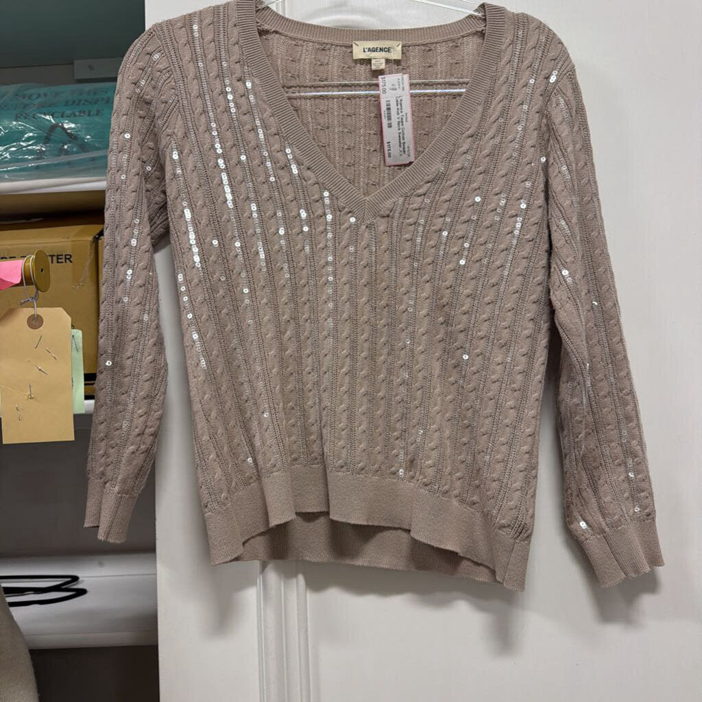 Taupe Cotton Sequin Cable Knit V Neck Sweater