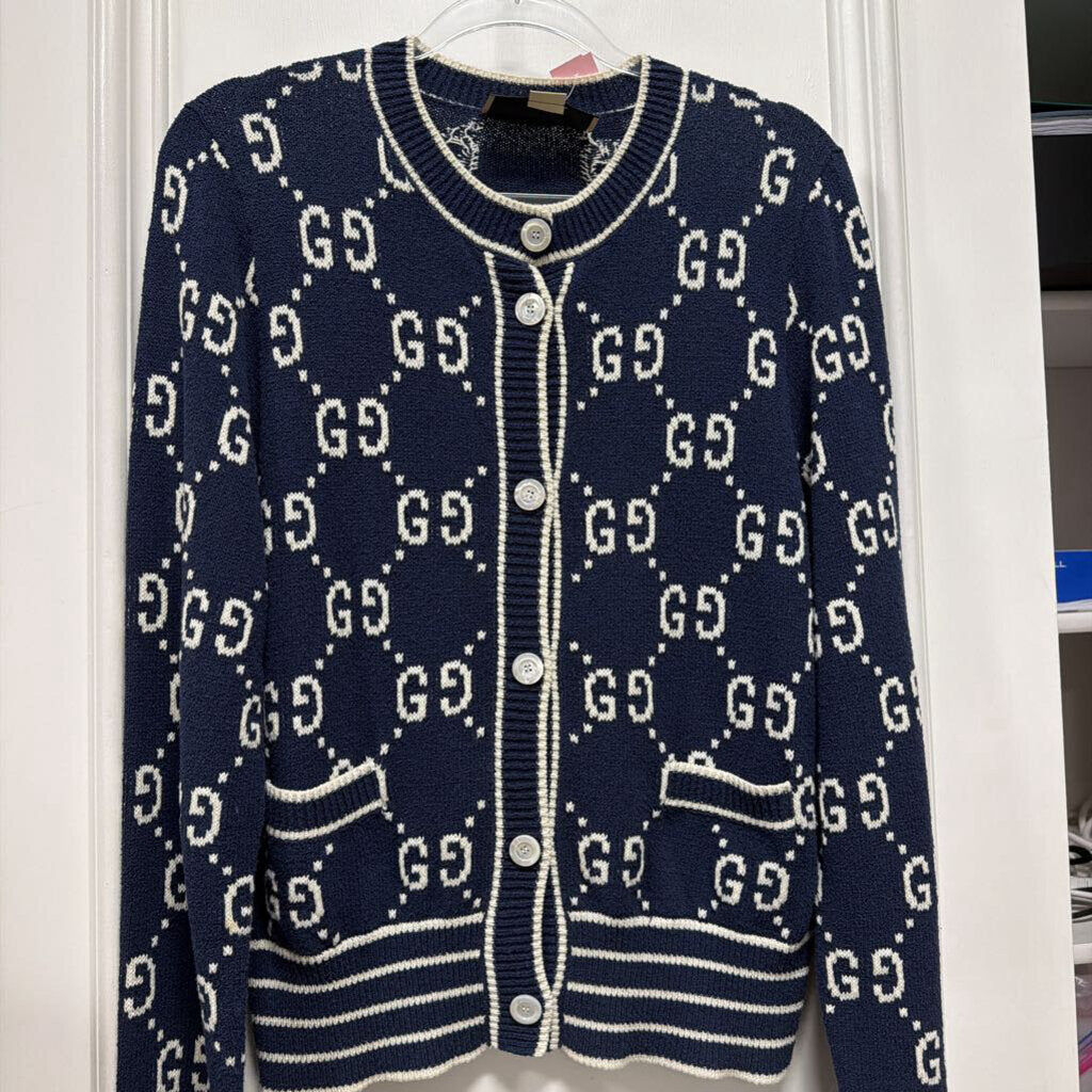 Blue/White GG Cotton/Polyamide Cardigan