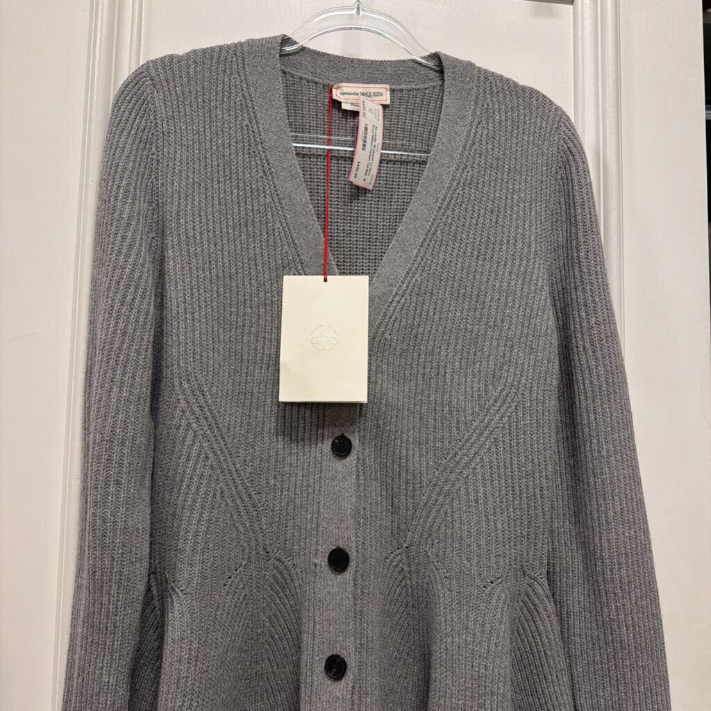 Lt Grey Wool Ribbed Peplum Cardign