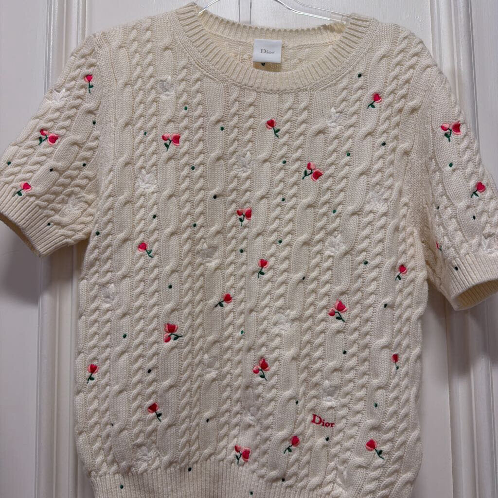 White Cashmere Cable Knit Embroidered Sweater