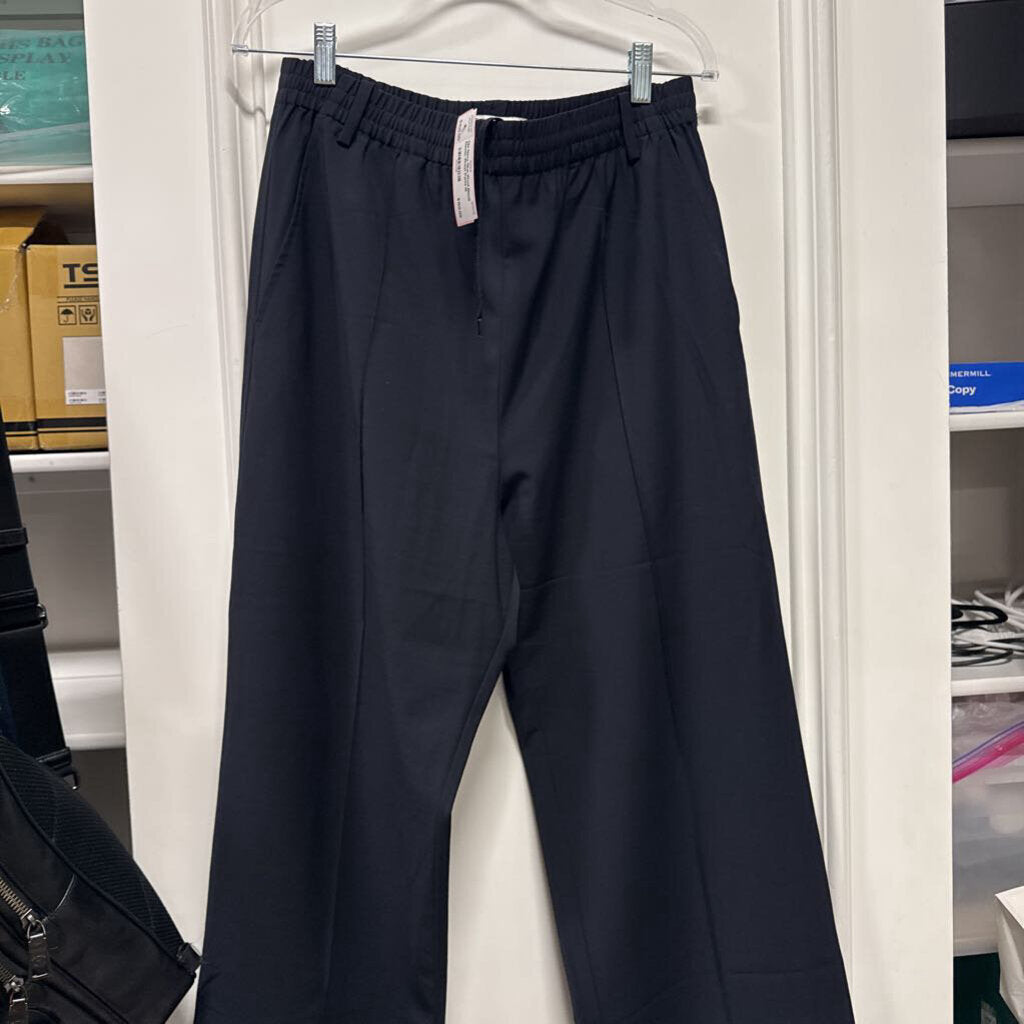 Navy Blue Wool Blend Elastic Waist Pants