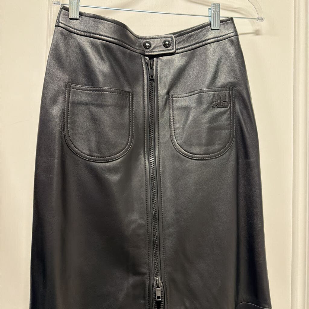 Black Leather Zip Front Midi Skirt