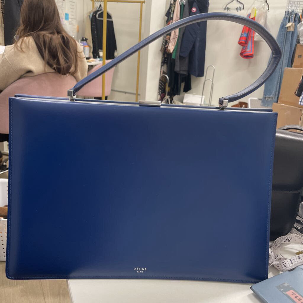 Blue Leather Top Handle Kiss Lock Bag