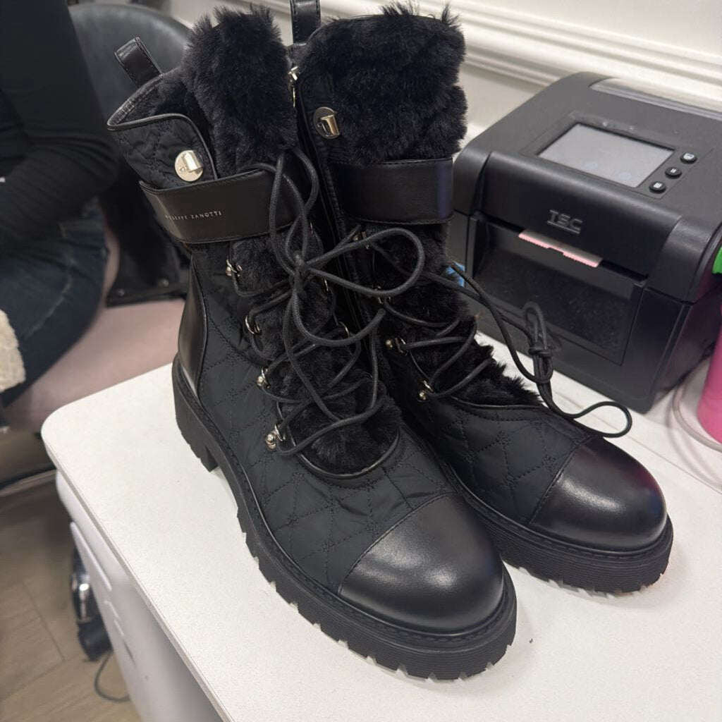 Black Neoprene/Fur/Leather Combat Boots (38.5)(NEW)