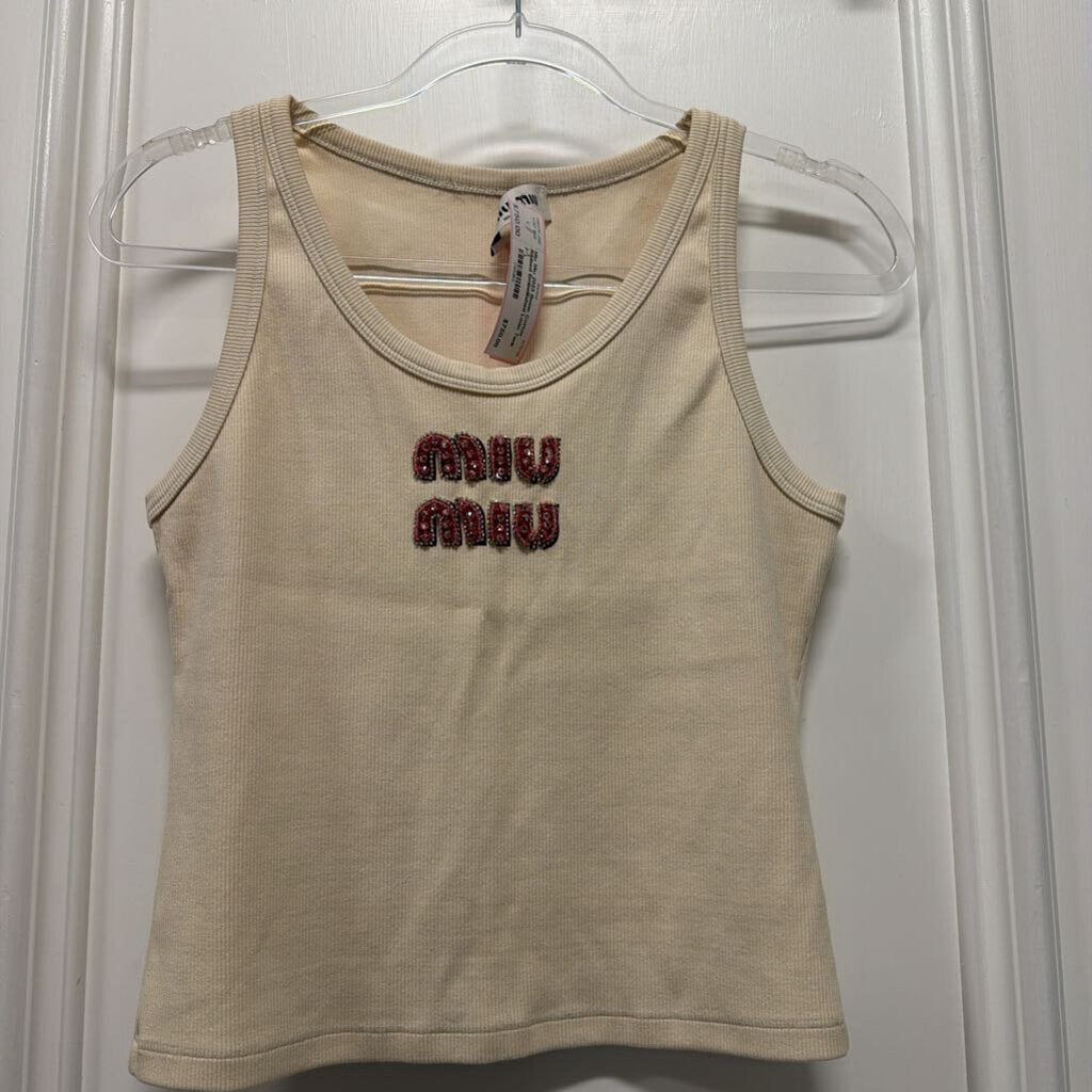 2023 Beige Cotton Ribbed Embellished Logo Tank (1520)