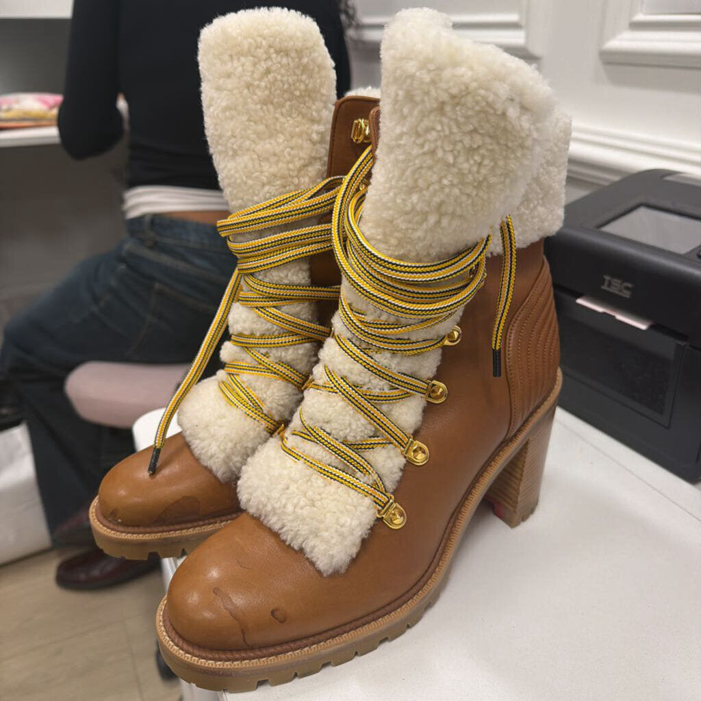 Brown Leather Shearling Lace Up Heel Boots (39)