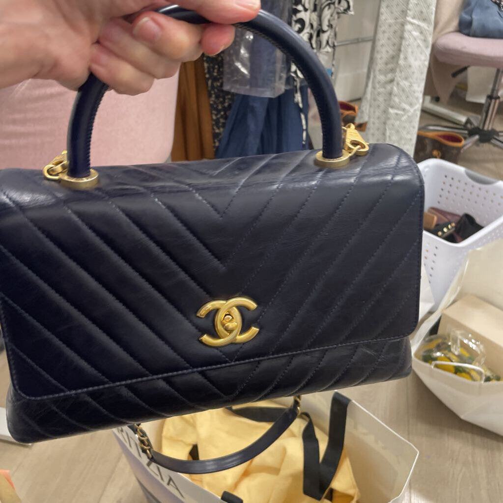 Navy Chevron Coco Handle Gold HW Bag