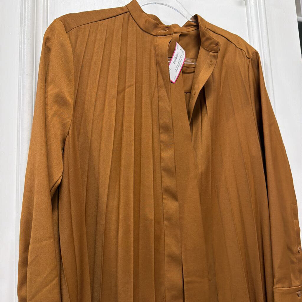 Brown Wool Blend Pleated Shirt Dress