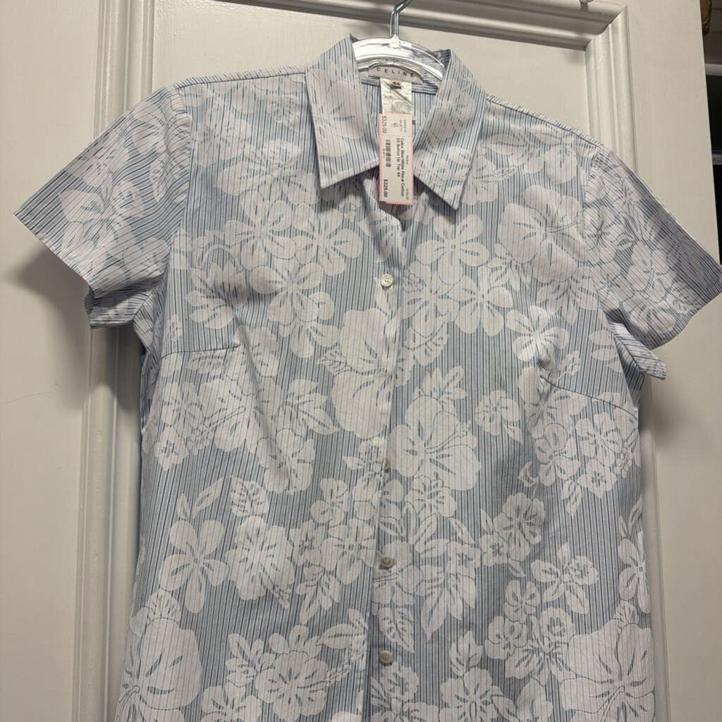Blue/White Floral Cotton SS Button Up Top