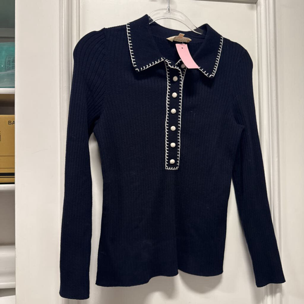 Navy/White Wool/Cotton Blend Sweater