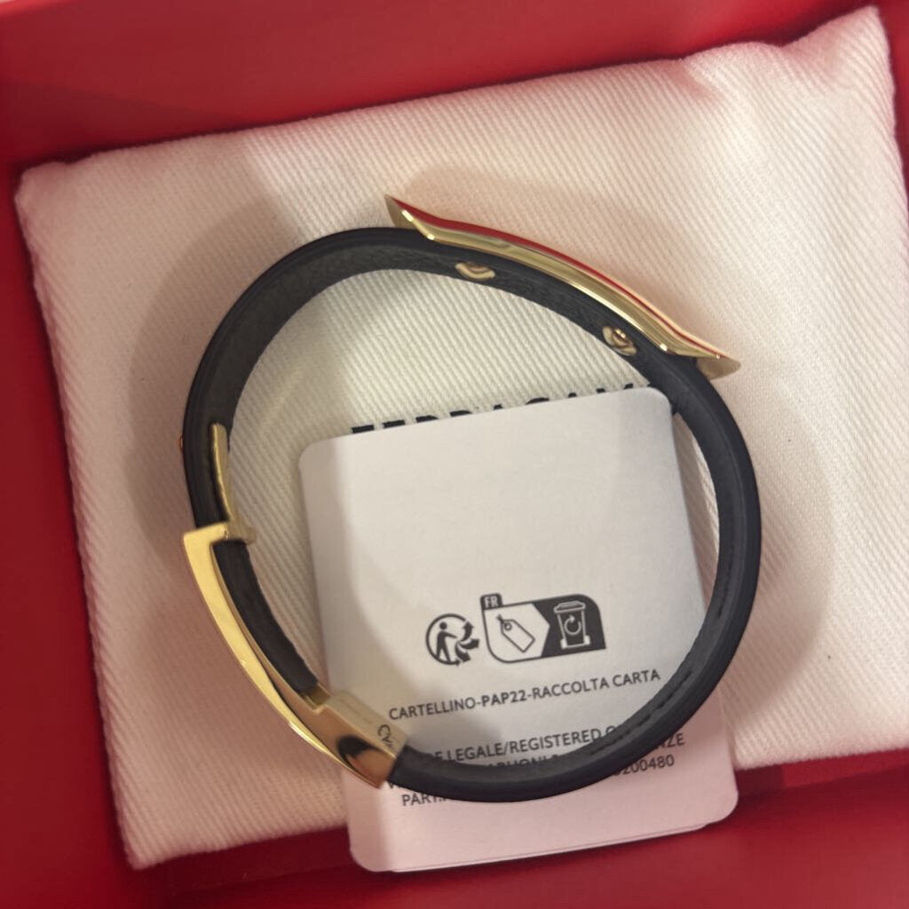 Ferragamo, Black Leather Gold Bracelet