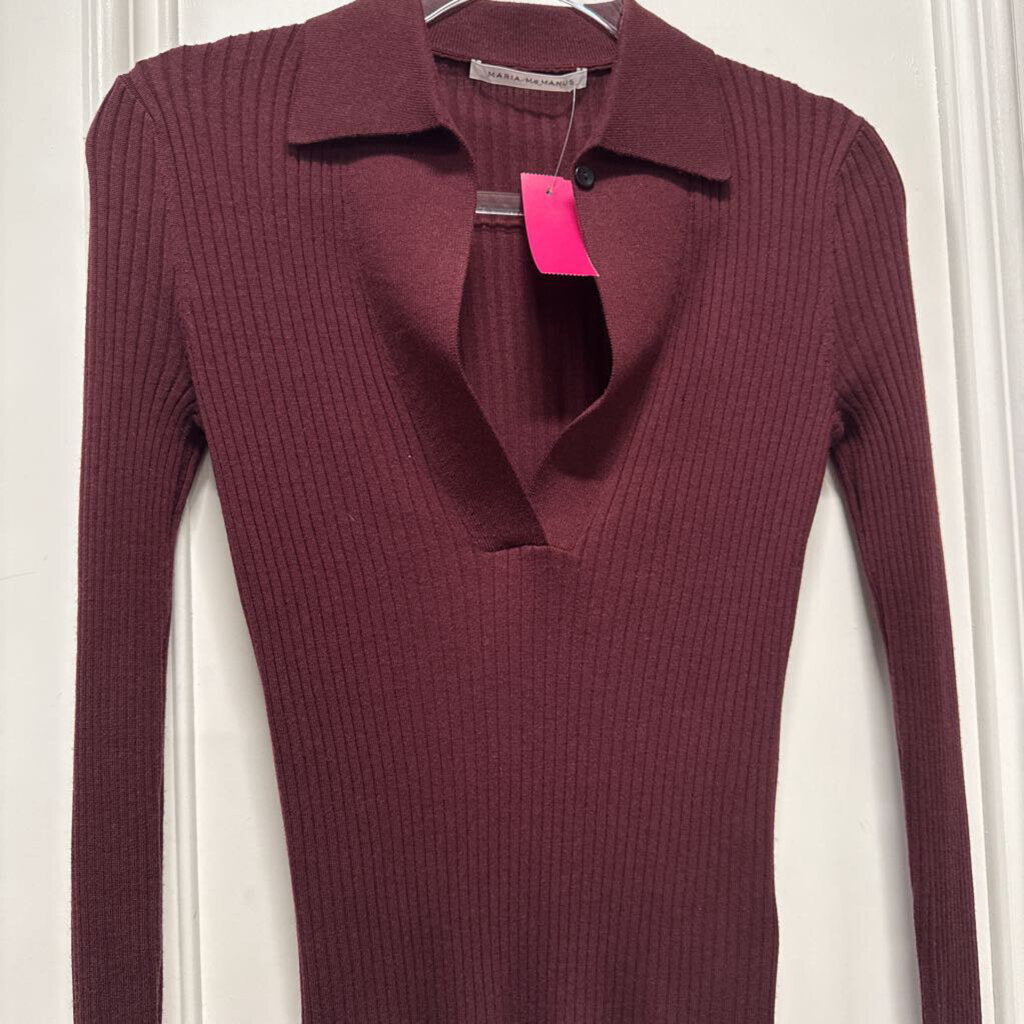Burgundy Wool Ribbed Knit Sweater