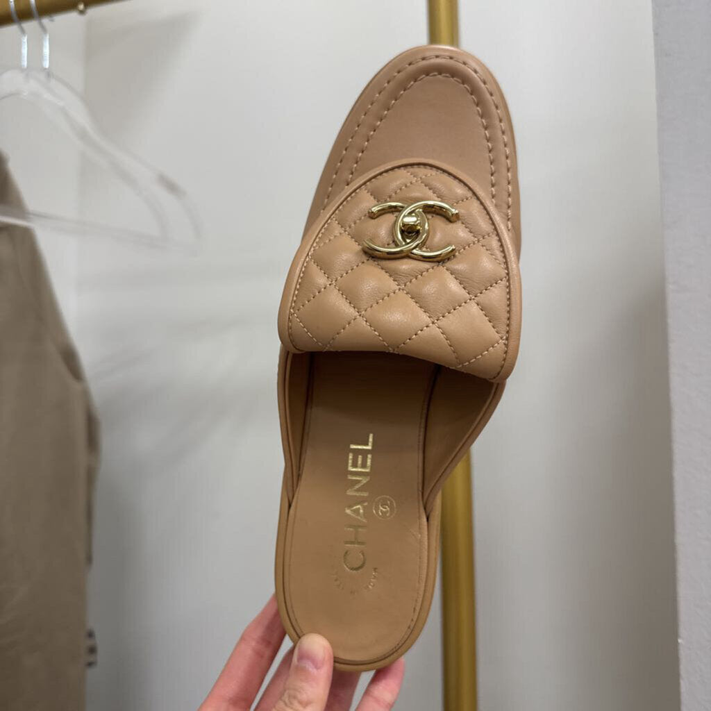 Beige Quilted Leather CC Mules