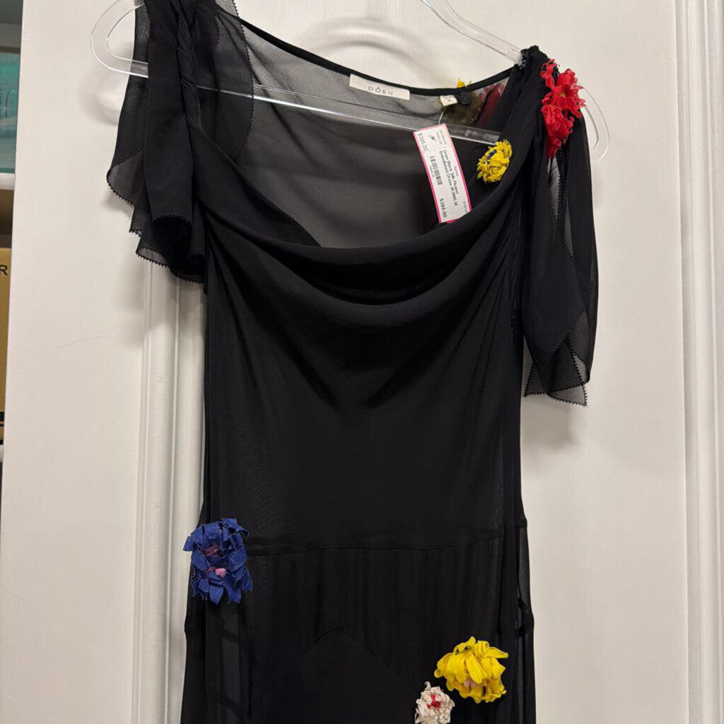 Black Silk Flower Embellished Dress (R.998)