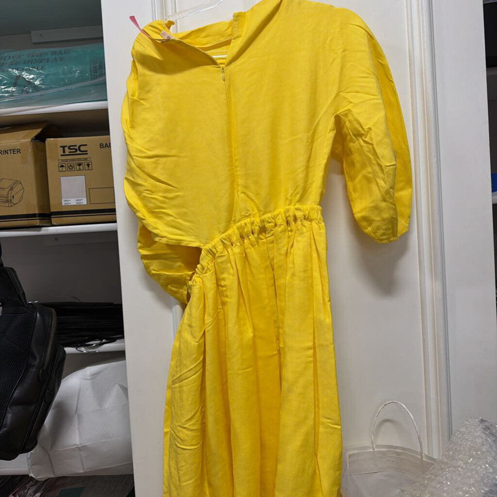 Yellow Linen Blend Side Slit Dress